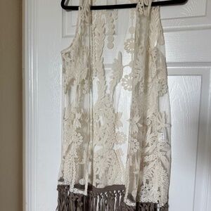 Boho Sheer Embroidered Vest with Leather Fringe